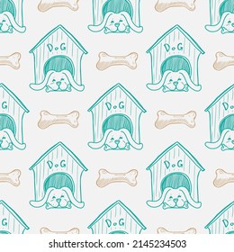 Dog in dog house vector illustration seamless pattern