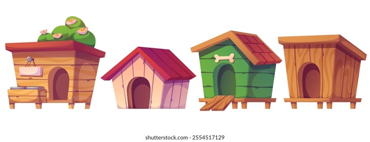 Dog house vector. Kennel hut for puppy cartoon icon. Wood cottage with red roof for pet. Wooden cabin with bone and signboard design. Doghouse and shelter for garden with bush and flower element