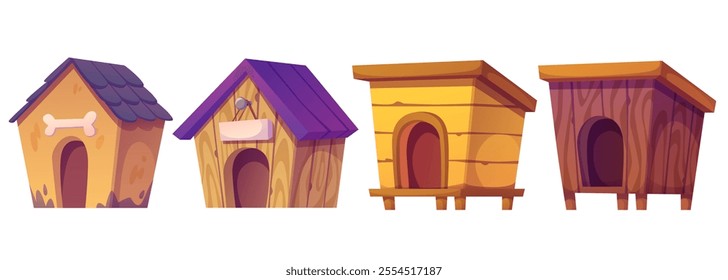 Dog houses set isolated on white background. Vector cartoon illustration of wooden doghouse with roof, round entrance, bone sign, pet care shelter, animal adoption, backyard garden design element