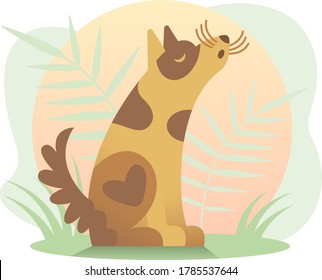 A dog howls in the sunset sitting in the green grass. Flat illustration in warm pastel colors.