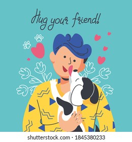 The dog hugs the guy and licks his face. Hug your friend. Vector illustration, character design, postcard, poster, print