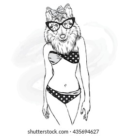 The dog with the human body in a bathing suit. Vector illustration.