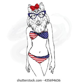 The dog with the human body in a bathing suit. Vector illustration.