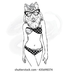 The dog with the human body in a bathing suit. The girl with a beautiful body. Vector illustration for greeting card, poster, or print on clothing and accessories.