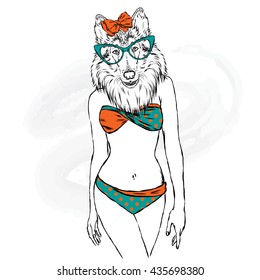 The dog with the human body in a bathing suit. The girl with a beautiful body. Vector illustration for greeting card, poster, or print on clothing and accessories.