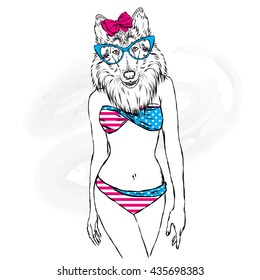 The dog with the human body in a bathing suit. The girl with a beautiful body. Vector illustration for greeting card, poster, or print on clothing and accessories.