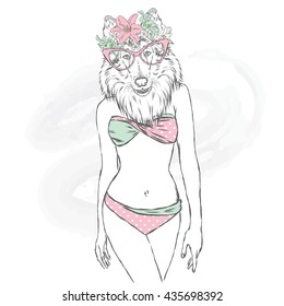 The dog with the human body in a bathing suit.  Vector illustration for greeting card, poster, or print on clothing and accessories.
