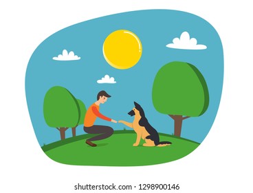 Dog human friends forever cartoon art. Cartoon hand drawn man hello German shepherd sunny day