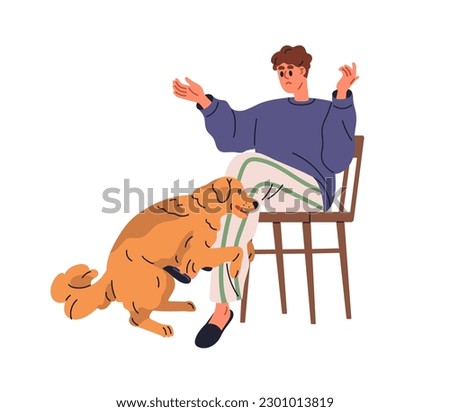 Dog humping, mounting, riding leg of owner. Bad awkward canine animal behavior. Doggy rubbing persons foot. Zoo psychology concept. Flat graphic vector illustration isolated on white background