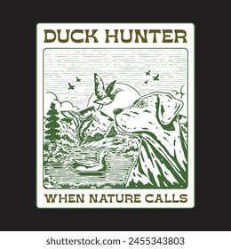 dog hunting wild ducks in the swamp illustration