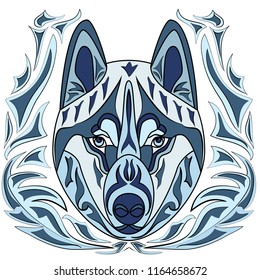 A dog of the Husky breed with an ornament. Tattoo. Doodle. Zentangle. Graphic arts.