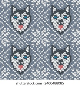 Dog husky face and snowflakes jacquard knitted seamless pattern. Winter background for wear knitting design. Vector illustration.