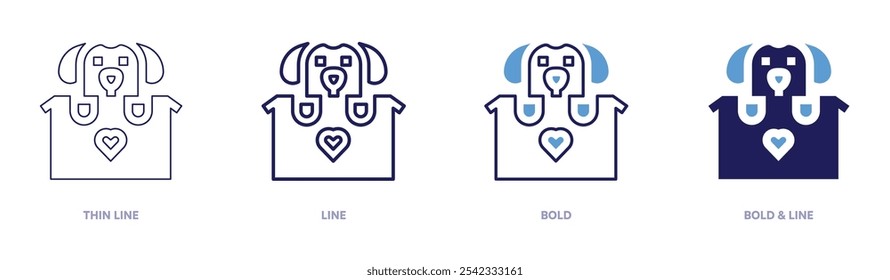 Dog icon in 4 different styles. Thin Line, Line, Bold, and Bold Line. Duotone style. Editable stroke.