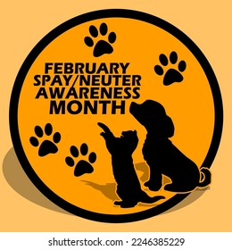 A dog icon with a cat standing with paws icon and bold text in circle frame on brown background to commemorate Spay or Neuter Awareness Month on February