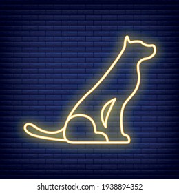 Dog Icon. Concept for Healthcare Medicine and Pet Care. Neon and Black Domestic Animal. Pets Symbol, Icon and Badge. Simple Vector illustration on dark brickwork.