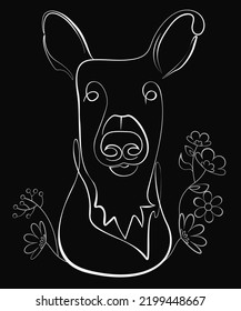 Dog icon. Continuous white line drawing of dog and flowers on dark background, minimalist hand drawn vector illustration in simple one line style
