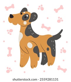 Dog icon. Cute domestic animal, funny pet on pawprint pattern background. Doodle style hand drawn isolated illustration. Childish print, poster or card design. Veterinary symbol. Vector character