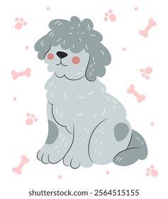 Dog icon. Cute pet. Happy domestic animal. Doggy mammal with pawprints and bones. Veterinary or puppy adoption. Fluffy retriever. Pedigree canine breed. Playful adorable terrier. Vector Illustration