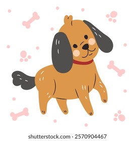 Dog icon. Cute pet. Happy domestic animal. Doggy mammal with pawprints and bones. Veterinary or puppy adoption. Fluffy retriever. Pedigree canine breed. Playful adorable terrier. Vector Illustration