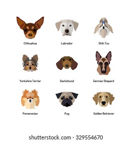 Dog Icon In Flat style ( Golden Retriever, Pug, Pomeranian, German Shepard, Dachshund, Yorkshire Terrier, Shih Tzu, Labrador, Chihuahua, )