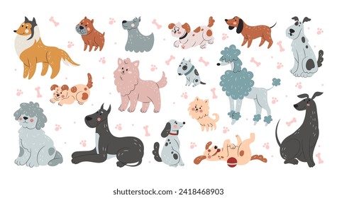 Dog icon. Line funny pets different breed. Pattern or poster, set sketch doodle style animals, cute cartoon print characters, art happy, action decoration. Vector tidy flat isolated illustration