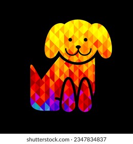 Dog icon makes of bright multicolored low poly triangles over black backgound, pet shop contemporary design, vector illustration
