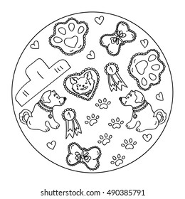 Dog Icon Object. Dog Icon design. Dog Icon Image. Vector set of design elements - puppy sitting, awards, heart, paw trace isolated on white background in flat style. 