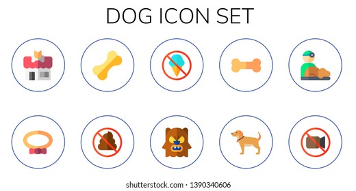 dog icon set. 10 flat dog icons.  Collection Of - pet shop, collar, dog food, no pooping, no ice cream, werewolf, bone, veterinarian, no video