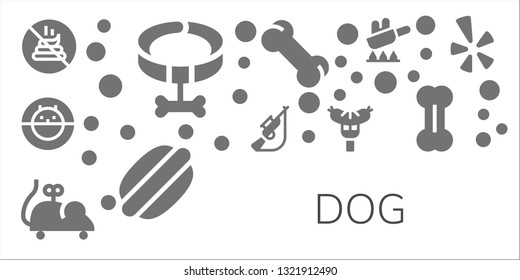 dog icon set. 11 filled dog icons.  Collection Of - No poop, Collar, Hamster ball, Hunting, Mouse toy, Sausage, Bone, Hot dog, Fry, Yelp
