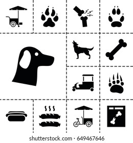 Dog icon. set of 13 filled dogicons such as animal paw, wolf, fast food cart, x ray, broken leg or arm, sausage, hot dog