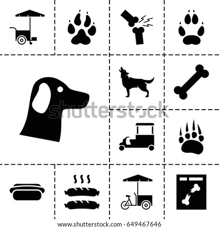 Dog icon. set of 13 filled dogicons such as animal paw, wolf, fast food cart, x ray, broken leg or arm, sausage, hot dog