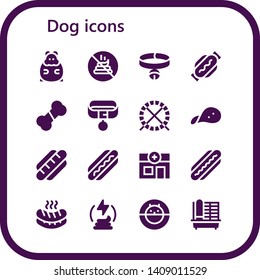 dog icon set. 16 filled dog icons.  Collection Of - Hamster, No poop, Collar, Hot dog, Bone, Hamster ball, Snack, Veterinary, Sausage, Manure, Cage