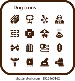 dog icon set. 16 filled dog icons.  Simple modern icons about  - Hot dog, Collar, Yelp, Bodyguard, Sausages, Veterinary, Food cart, Poo, Bones, Bird cage, Extending leads, Sausage