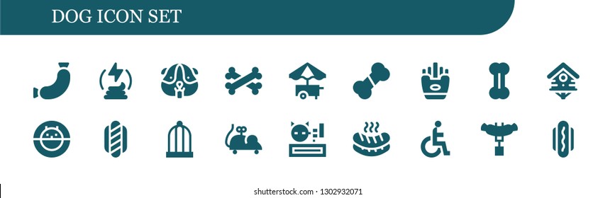  dog icon set. 18 filled dog icons.  Simple modern icons about  - Sausage, Manure, Hamster, Bones, Food cart, Bone, Fries, Bird house, Hamster ball, Hot dog, Bird cage, Mouse toy