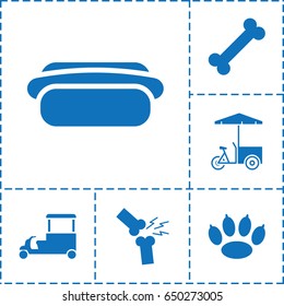 Dog icon. set of 6 dog filled icons such as fast food cart, broken leg or arm, hot dog, paw
