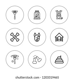 Dog icon set. collection of 9 outline dog icons with bird cage, bones, dog, poo icons. editable icons.