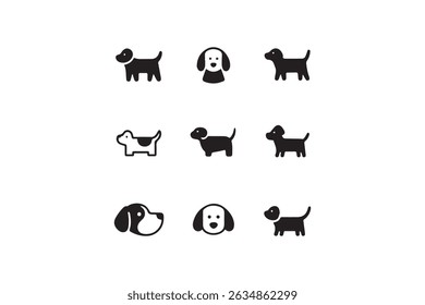 Conjunto de Ícones de Cão: Uma coleção de nove ícones de cão simples, mas expressivos, perfeito para sites relacionados a animais de estimação, aplicativos ou designs.	
