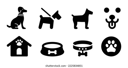 Dog icon set. Containing dog on leash, dog house, bowl, collar and leash icons. Paw symbol vector illustration.