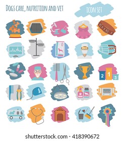 Dog icon set. Heatlh care, vet, nutrition, exhibition. Vector illustration 