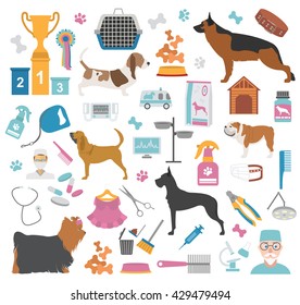 Dog icon set. Heatlh care, vet, nutrition, exhibition. Vector illustration 