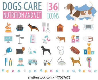 Dog icon set. Heatlh care, vet, nutrition, exhibition. Vector illustration 