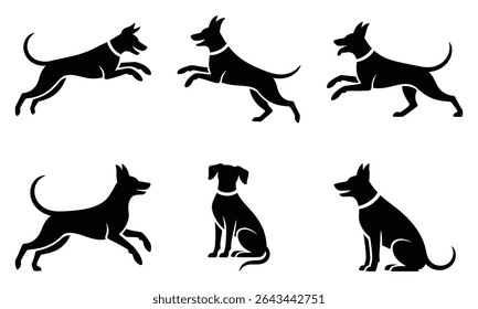Dog Icon Set - Jumping, Running, Sitting Animal Illustrations