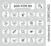 Dog icon set. The main benefits from a balanced food, supplement. The outline icons are well scalable and editable. Contrasting elements are good for different backgrounds. EPS10.