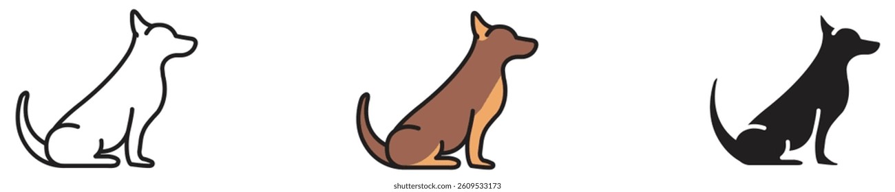 Dog icon set in outline, colored, and solid styles. Perfect for pet care, veterinary services, animal rescue, dog training, branding, mobile apps, web design, and social media graphics.