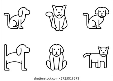 Ícone de cão definido no estilo de linha fina no fundo branco
