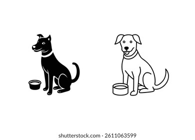 Dog Icon Vector Illustration In Black And White With Food Bowl Design