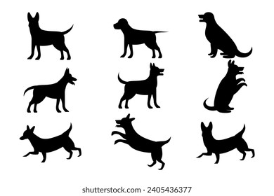 Dog icon vector, isolated black silhouette of a dog, collection