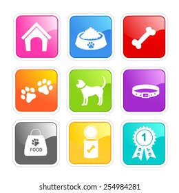 Dog icon white silhouettes collection on shiny colorful buttons web icon / button collection