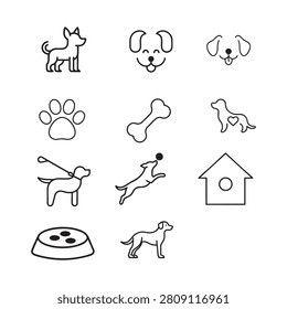 Dog icons arranged in a grid feature simple line art representations of pets, accessories, and supplies for professional design projects.