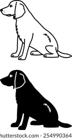 Iconos de perro. Ilustración vectorial en blanco y negro. Mamífero. Perro lindo sentado. Para el diseño de libros para colorear. Concepto de mascotas